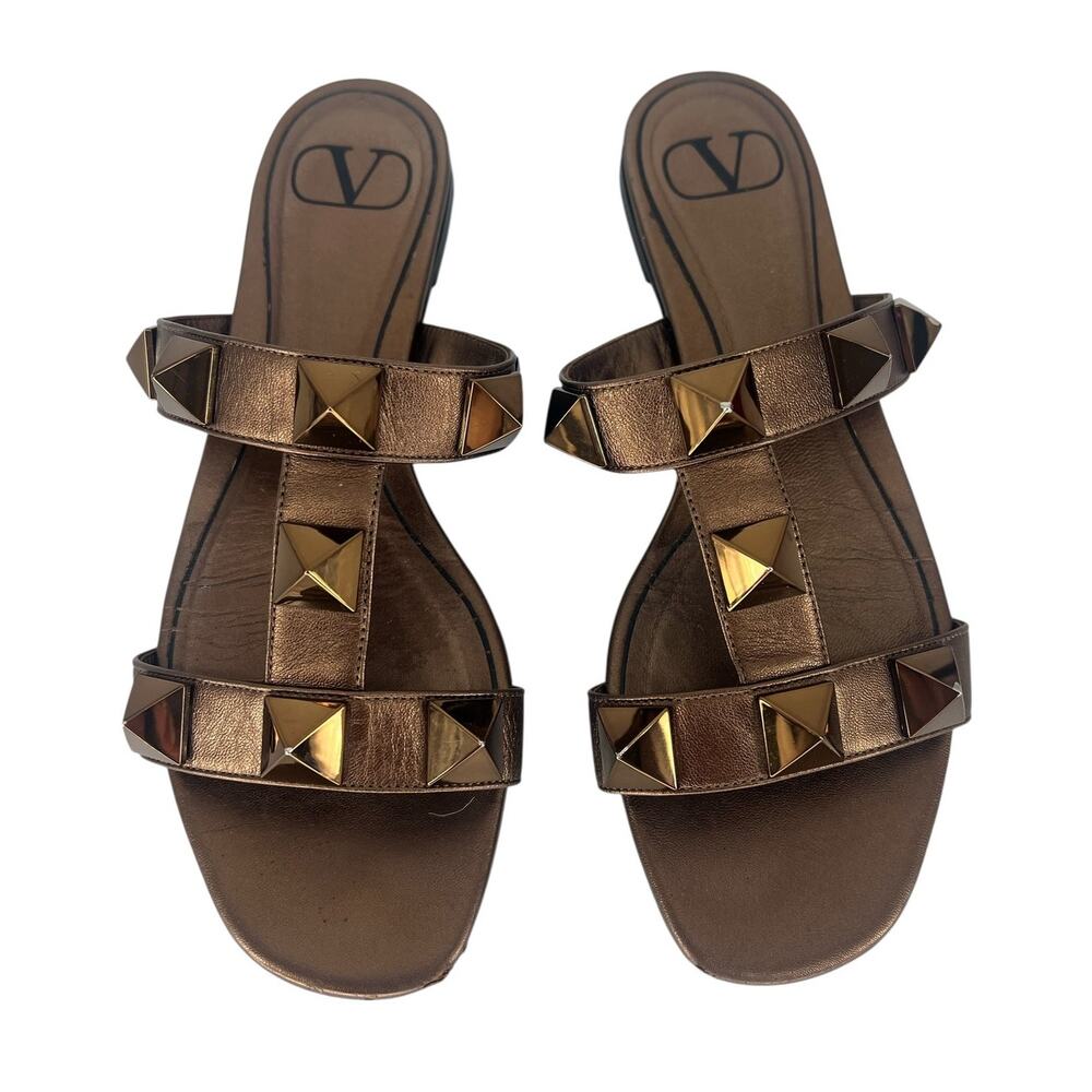 Valentino Garavani Roman Stud Metallic Leather Slides Bronzo 37.5